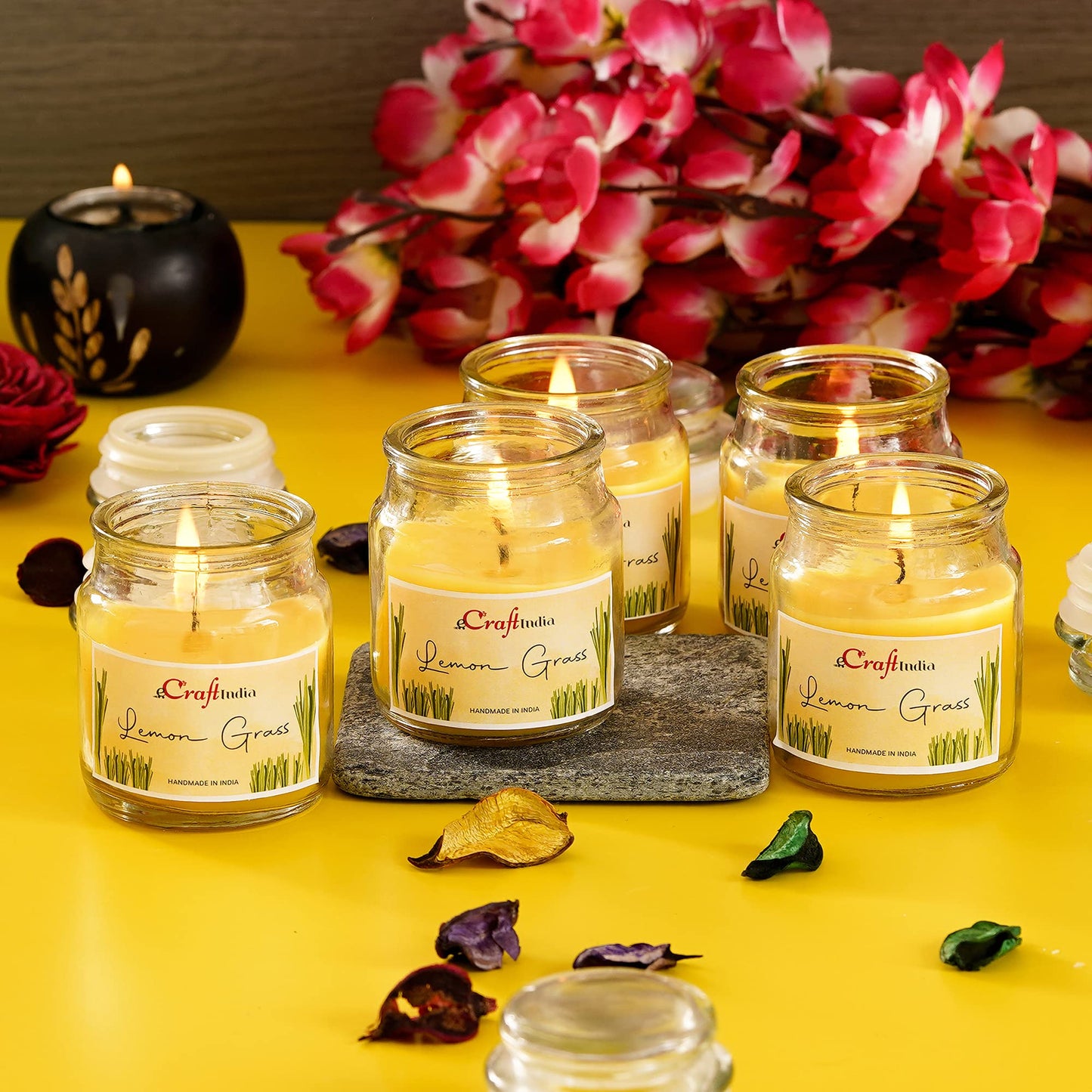 eCraftIndia Set of 5 Lemongrass Scented Mini Jar Candles – Aromatic Home & Gift Set