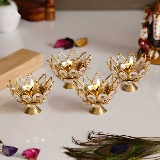 Set of 4 eCraftIndia Lotus Crystal Tealight Candle Holders – Sparkling Decorative Home Accent