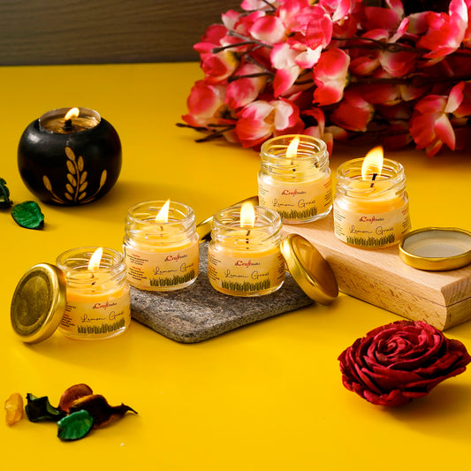 eCraftIndia Set of 5 Lemongrass Scented Mini Jar Candles – Aromatic Home & Gift Set