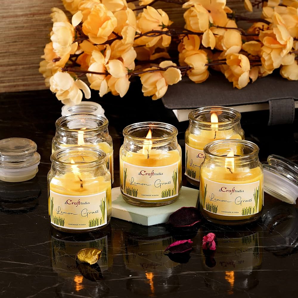 eCraftIndia Set of 5 Lemongrass Scented Mini Jar Candles – Aromatic Home & Gift Set