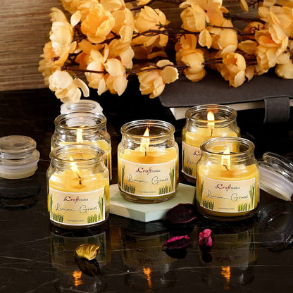 eCraftIndia Set of 5 Lemongrass Scented Mini Jar Candles – Aromatic Home & Gift Set
