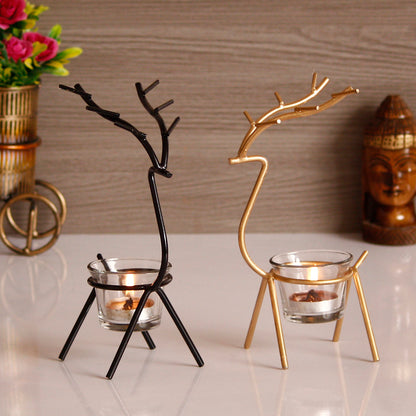 eCraftIndia Set of 2 Deer-Shaped Metal Tealight Holders – Handcrafted Decorative Candle Holders