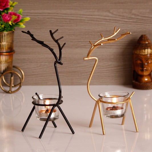 eCraftIndia Set of 2 Deer-Shaped Metal Tealight Holders – Handcrafted Decorative Candle Holders
