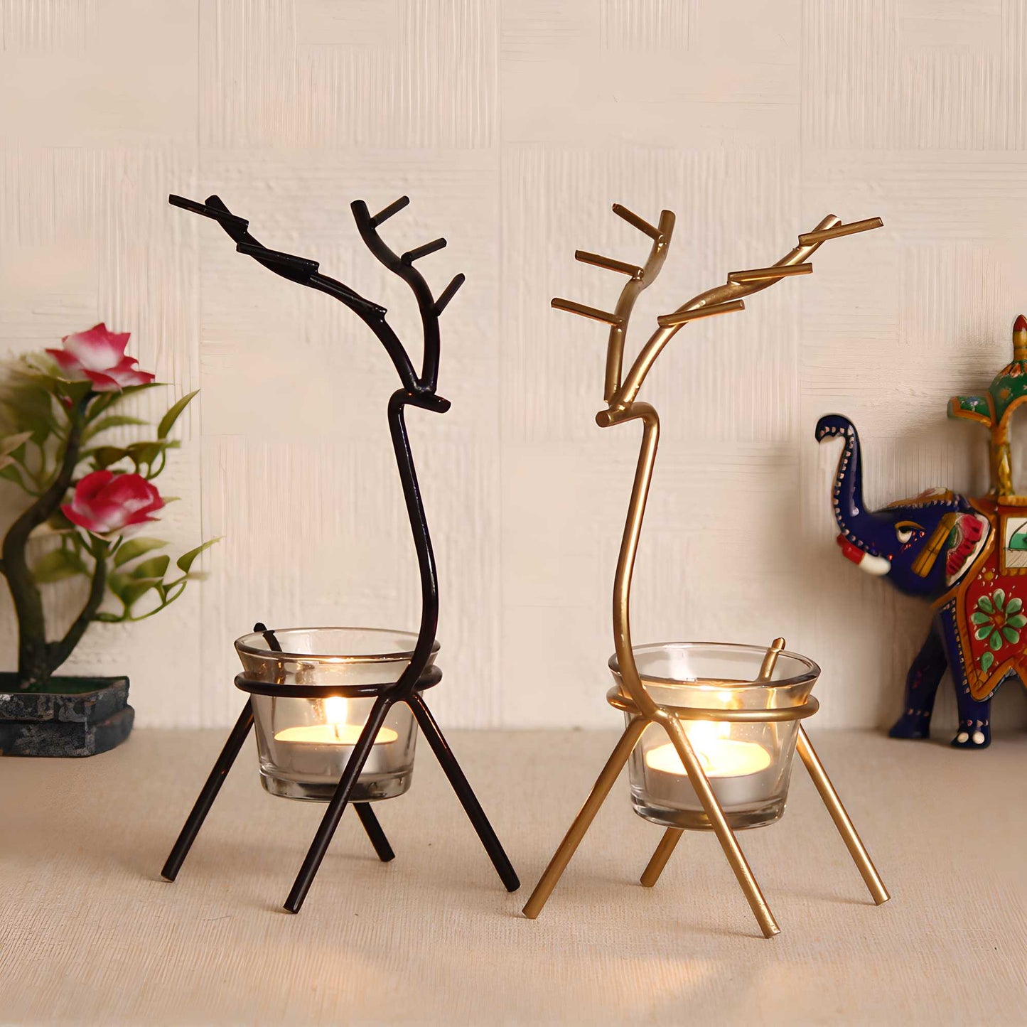 eCraftIndia Set of 2 Deer-Shaped Metal Tealight Holders – Handcrafted Decorative Candle Holders