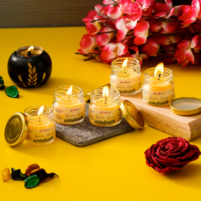 eCraftIndia Set of 5 Lemongrass Scented Mini Jar Candles – Aromatic Home & Gift Set