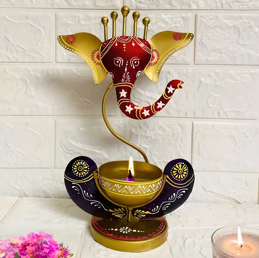 Ganesha Idol with Tealight Candle Holder – Intricately Crafted Spiritual & Festive Home Decor