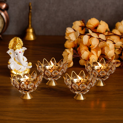 Set of 4 eCraftIndia Lotus Crystal Tealight Candle Holders – Sparkling Decorative Home Accent