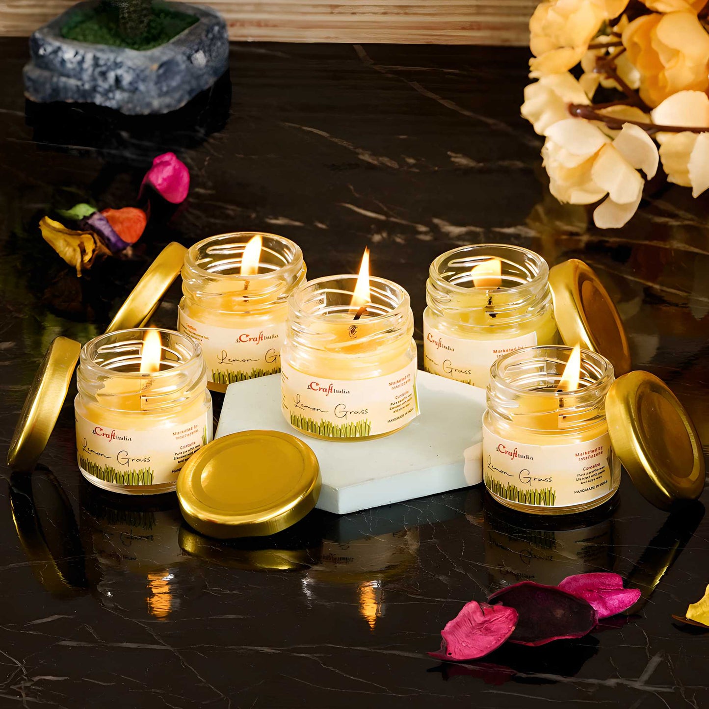 eCraftIndia Set of 5 Lemongrass Scented Mini Jar Candles – Aromatic Home & Gift Set