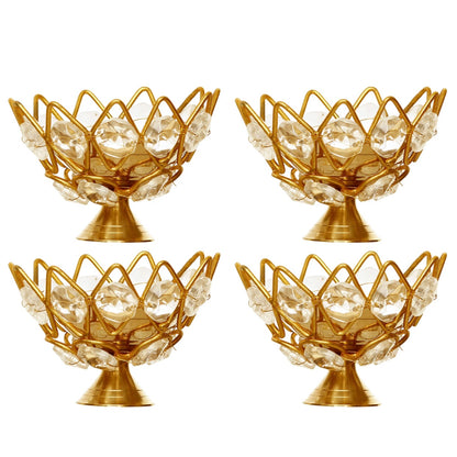 Set of 4 eCraftIndia Lotus Crystal Tealight Candle Holders – Sparkling Decorative Home Accent